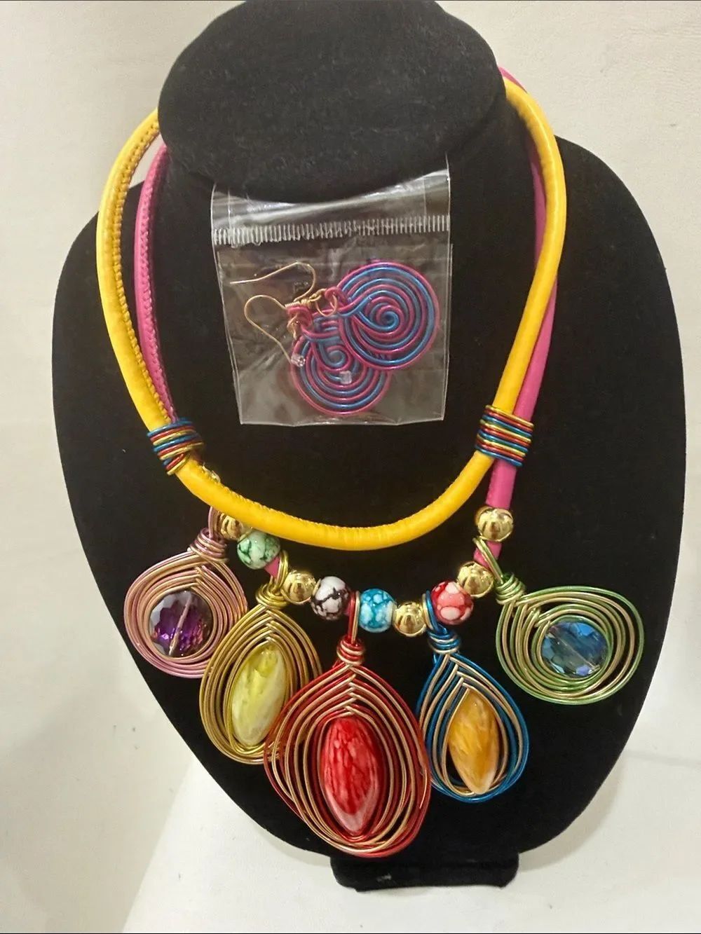 Bohemian Gold Pink Blue Spiral Teardrop Adjustable Necklace Matching Earrings